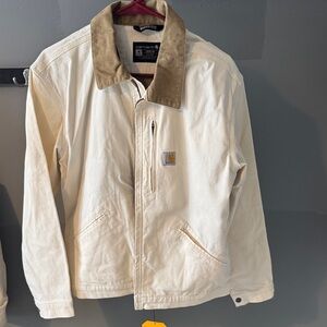 Carhartt Men’s Cream Canvas Jacket with Brown Corduroy Collar